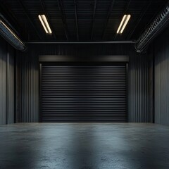 empty dark industrial garage with a steel roller shutter door, metal floor, and walls as a background for product presentation mock-up