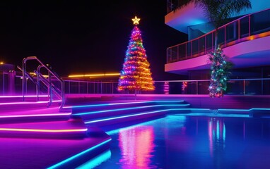 Obraz premium A futuristic pool design with glowing LED edges, complemented by a bright, multi-colored Christmas tree standing prominently on the deck