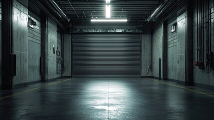 empty dark industrial garage with a steel roller shutter door, metal floor, and walls as a background for product presentation mock-up
