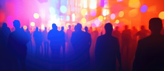 Vibrant abstract background depicting a lively gathering in a nightclub with colorful lights and silhouettes of people enjoying the scene