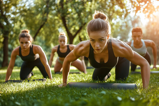 A group of fit young adults doing functional fitness exercises in a green park. They perform lunges, squats, and push-ups on the grass.   - Powered by Adobe