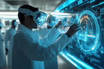 A team of scientists working in a modern high-tech laboratory. They wear clean white lab coats and protective glasses.  
