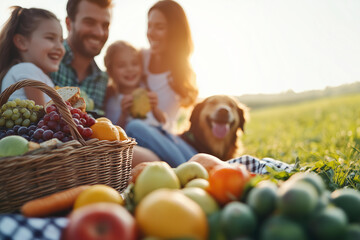 Fototapeta premium A happy family of four enjoying a picnic on a lush green meadow surrounded by nature. Parents and two kids sit on a checkered picnic blanket filled with a basket of fresh fruits, sandwiches, and juice