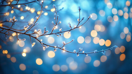 Serene Winter Scene Cool Blue White Light Frosted Branche Snowy Glow Holiday Card Seasonal Nature Decor Christmas cold wallpaper wall art backdrop background banner advertising greeting macro bokeh