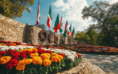 A historical monument adorned with Mexican flags and flowers for flag day