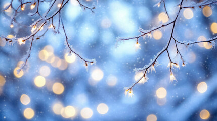 Serene Winter Scene Cool Blue White Light Frosted Branche Snowy Glow Holiday Card Seasonal Nature Decor Christmas cold wallpaper wall art backdrop background banner advertising greeting macro bokeh