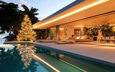 Fototapeta premium A luxurious modern poolside area with a beautifully decorated Christmas tree nearby, illuminated by soft string lights and reflecting in the clear water