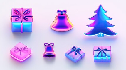 Colorful metallic gifts and tree with festive bells