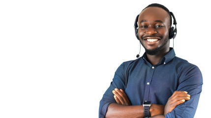 Call center young african man with arms crossed and smile , customer service on white background