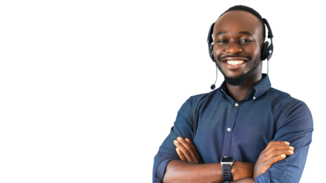 Call center young african man with arms crossed and smile , customer service on white background - Powered by Adobe
