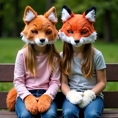 Two young beautiful girlfriends in animal masks are having fun laughing at a picnic in the green garden of the city park on a sunny day.