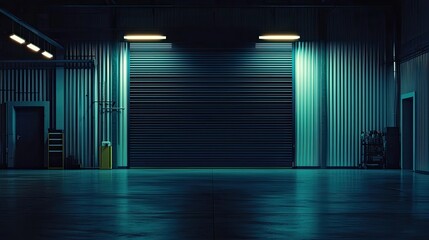Fototapeta premium Dark empty industrial background with a metal garage door and floor, studio lighting