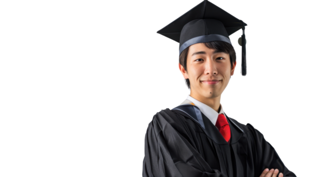 Asian young male in university graduate uniform and graduate cap on white background