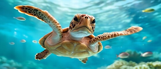 Obraz premium Underwater sea turtle swimming in ocean.