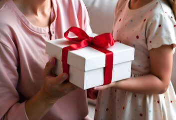 woman gives a box with a red bow a gift to a girl, close-up