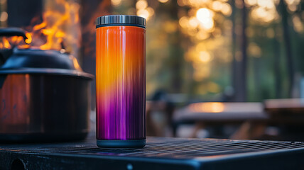 Thermos by a campfire in a serene forest setting.