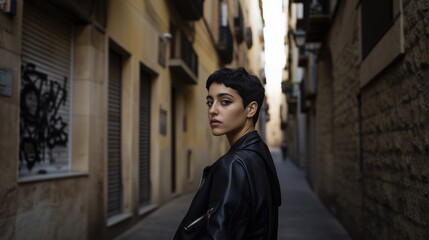 Woman is standing in a city street wearing a black jacket