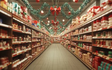 Fototapeta premium A supermarket aisle filled with holiday products like garlands chocolates and small gifts for christmas