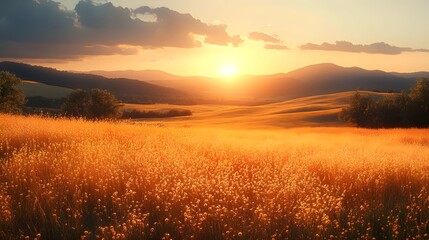 Fototapeta premium A field of tall grass with a sun setting in the background