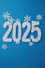 Snowflakes forming 2025 in intricate blue style.