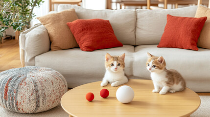 Two Playful Kittens Exploring Colorful Balls on a Cozy Living Room Table Surrounded by Soft Cushions and Warm Decor