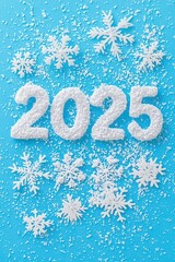 Snowflake sprinkle surrounds 2025 on bright cyan field