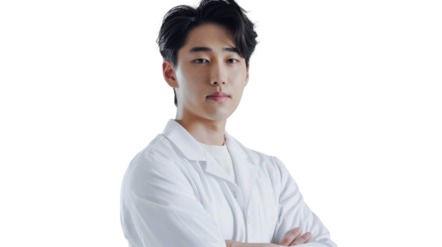 Asian caucasian young male handsome doctor arms crossed on white background
