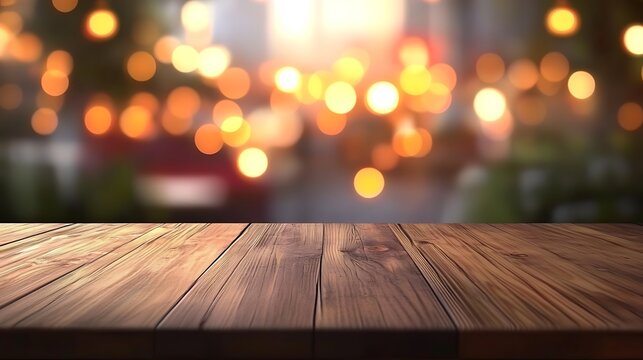 A farmhouse-style wooden table with intricate grain patterns, surrounded by blurred candles glowing warmly and garlands with festive lights, soft bokeh effect, cozy and tranquil lighting,