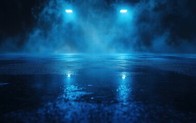 Dark street with wet asphalt, reflecting rays in the water, abstract blue background, smoke, neon lights, and concrete floor, dark