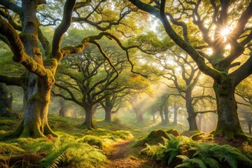 Fototapeta premium Kinclaven's misty oak woodland, Perthshire. A minimalist photographic study of Scottish nature.