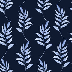 Pattern of blue eucalyptus branches on a dark blue background. Can be used on fabrics and paper products. 