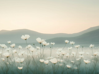 A misty meadow of cosmos flowers in soft morning light with rolling hills in the background, creating a tranquil scene.