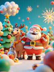 Naklejka premium Santa Claus and Reindeer Joyfully Celebrating Christmas