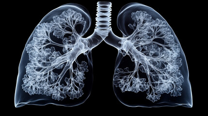 Surreal virtual hologram X-ray of a transparent human lung on a black background. Medical science and technology concept. Generative AI.