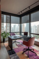 Modern Home Office With City View And Stylish Furniture