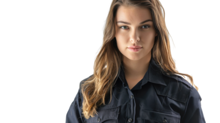 A police officer caucasian american young woman on white background
