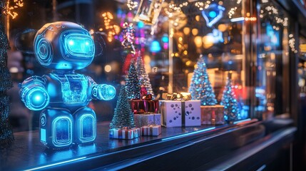 Obraz premium Blue-lit robot with festive decor and twinkling gifts