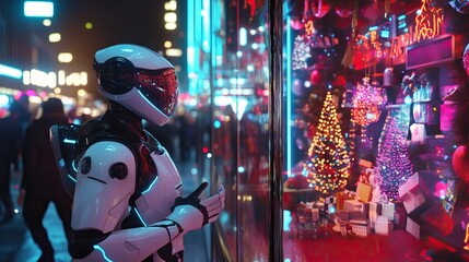 Naklejka premium Sleek robot inspecting holiday-themed storefront displays