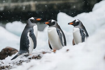 Fototapeta premium Penguins gather on an icy coast surrounded by snow and icebergs in a cold habitat