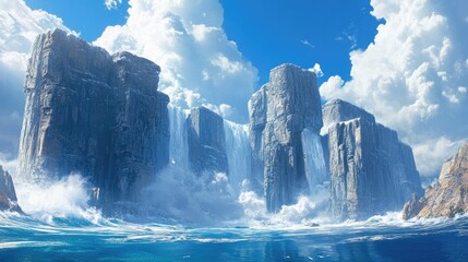 Majestic Waterfalls Cascading from Towering Cliffs Under Blue Sky