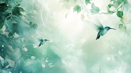 Deux colibris en vol dans une forêt lumineuse et brumeuse avec un feuillage détaillé, art numérique