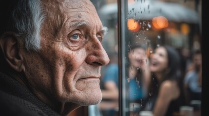 Fototapeta premium Reflective Senior Man Watching Rainy Day Cafe Scene with Gray Hair, Soft Lighting and Young People Laughing Outdoors