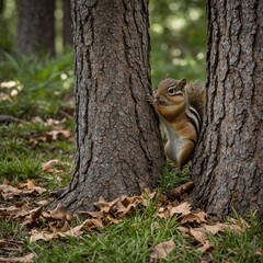 Fototapeta premium A chipmunk gathering acorns beneath towering pine trees.