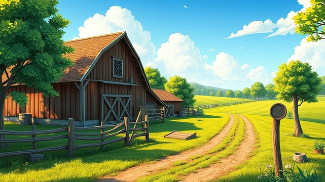 Farm cartoon style illustration background with barn and green nature	