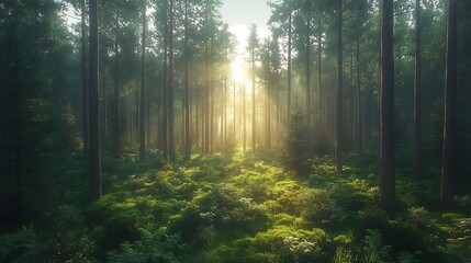 Obraz premium Sunlit Forest Path: A sunbeam pierces through the dense canopy of a lush forest, illuminating a path through vibrant ferns and tall trees. The scene evokes tranquility and the beauty of nature. 