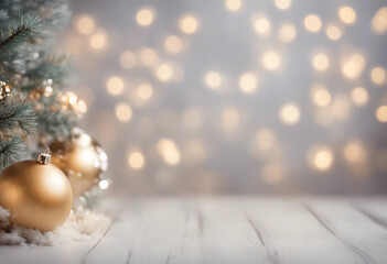 On a blurred festive bokeh background silver Christmas tree and silver balls