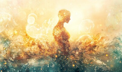 Naklejka premium Golden figure emerges from swirling, luminous waves.