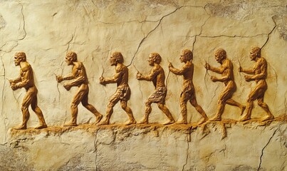Beige relief depicts human evolution progression.