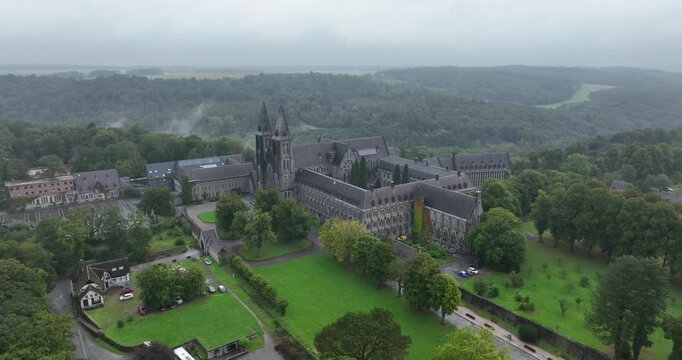 Aerial drone video of The Abbey of Maredsous is a Benedictine monastery