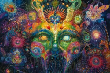 Obraz premium Vibrant cosmic face, surreal floral fantasy.